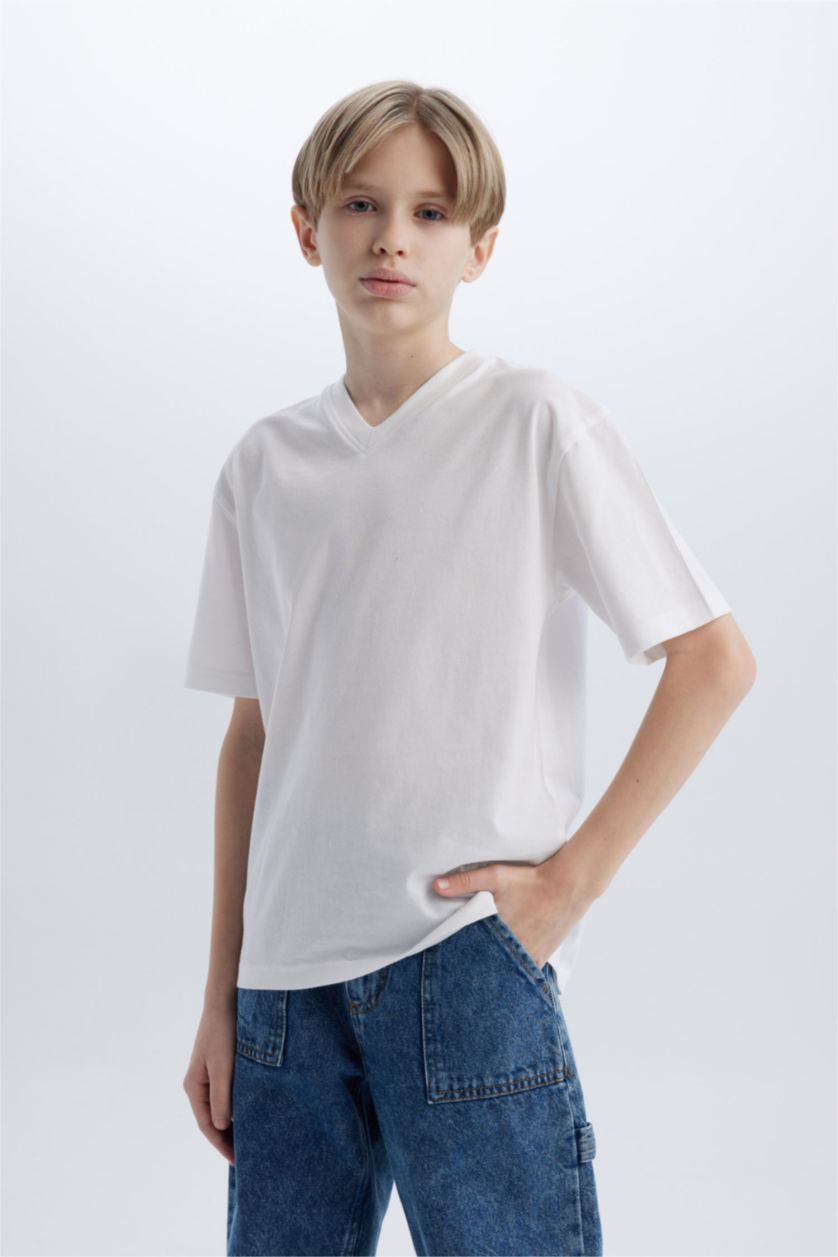 BOYS & TEENS White Boy Regular Fit V Neck Short Sleeve T-Shirt