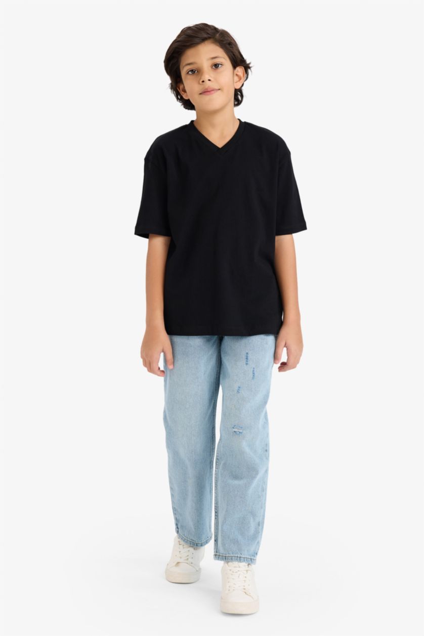 Erkek Çocuk - Genç Erkek Siyah Regular Fıt V Yaka Kısa Kollu Tişört Erkek Çocuk