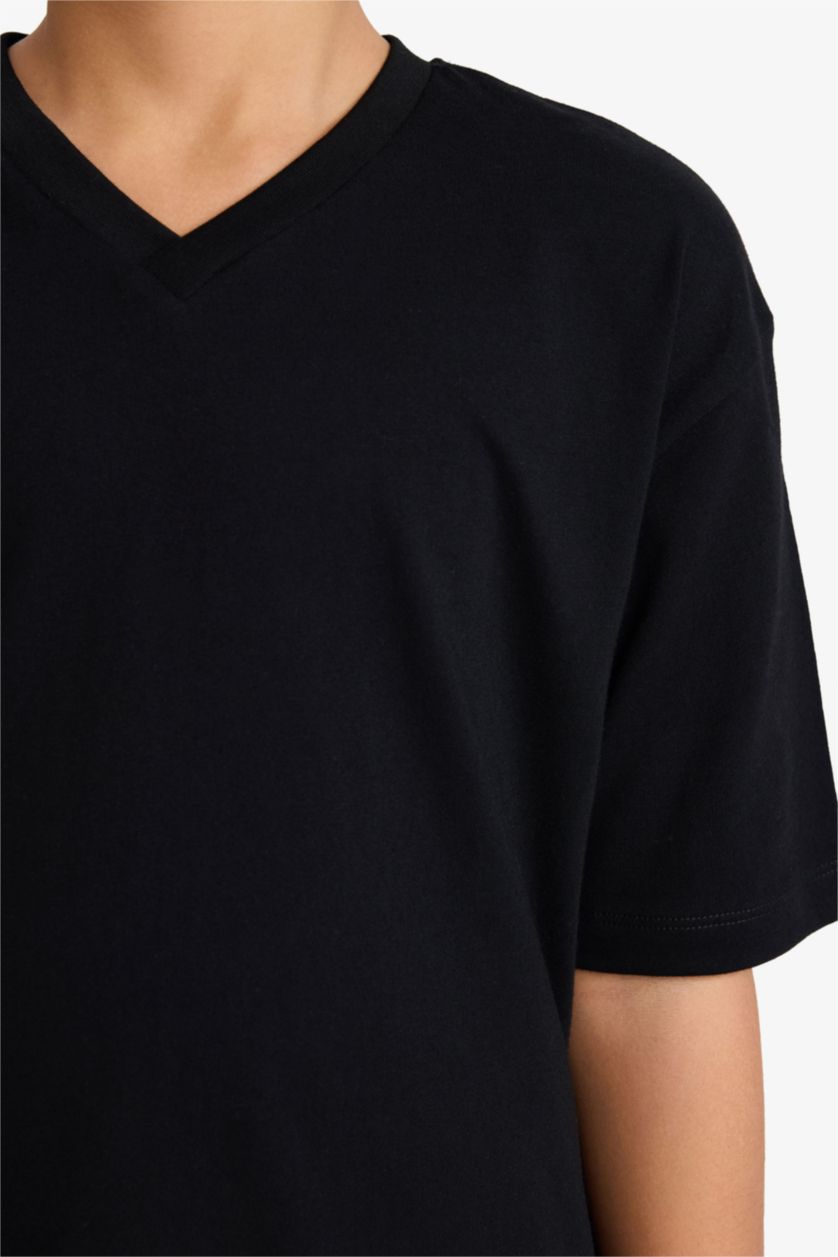 Erkek Çocuk - Genç Erkek Siyah Regular Fıt V Yaka Kısa Kollu Tişört Erkek Çocuk