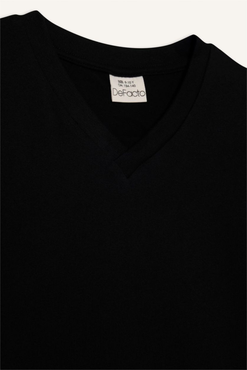 Erkek Çocuk - Genç Erkek Siyah Regular Fıt V Yaka Kısa Kollu Tişört Erkek Çocuk