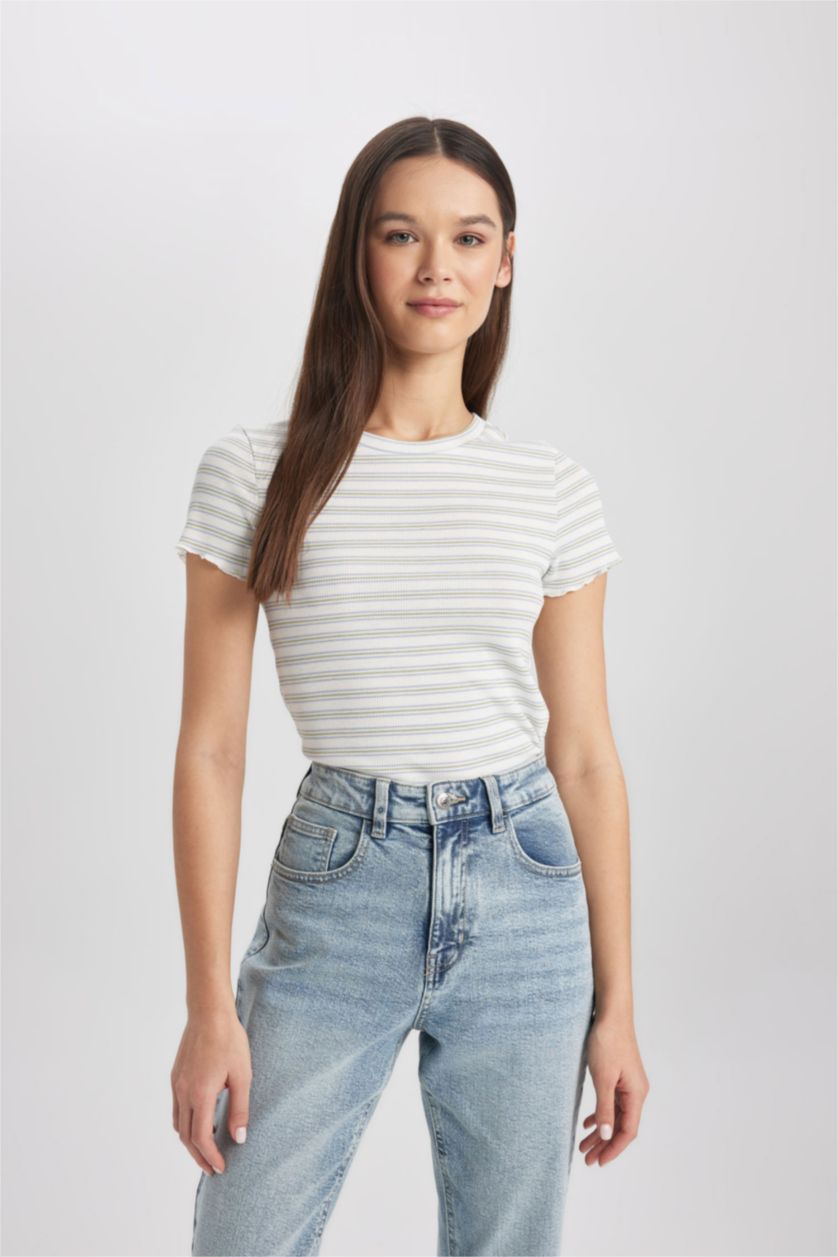 Woman Mint Fitted Crew Neck Striped T-Shirt