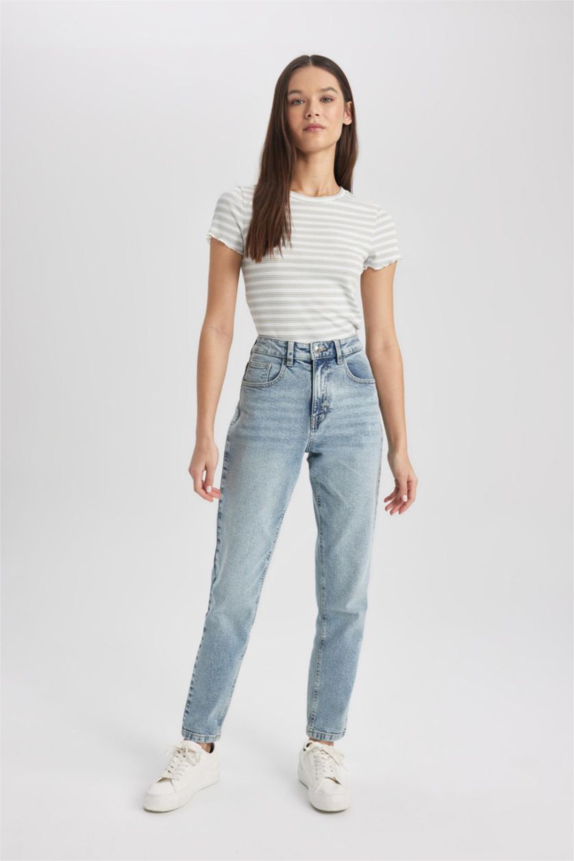 Woman Mint Fitted Crew Neck Striped T-Shirt