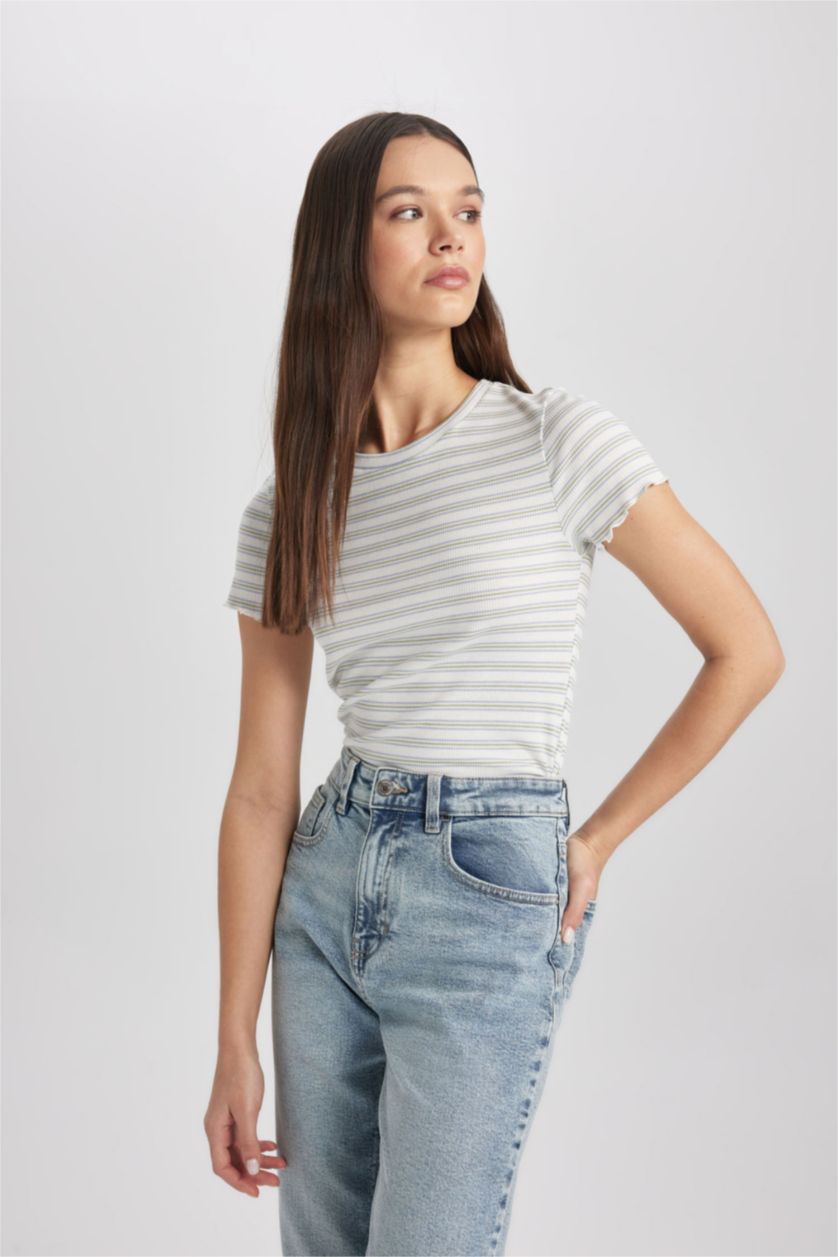 Woman Mint Fitted Crew Neck Striped T-Shirt