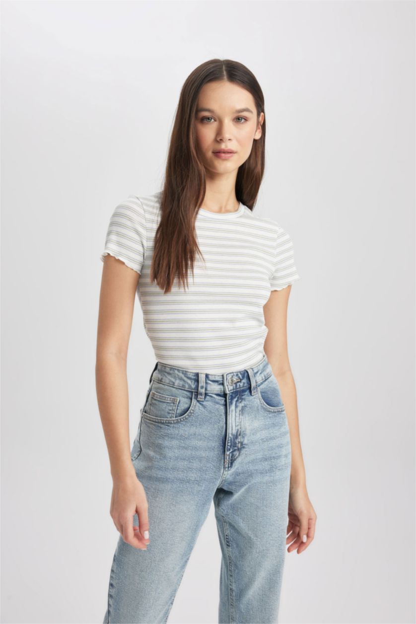 Woman Mint Fitted Crew Neck Striped T-Shirt