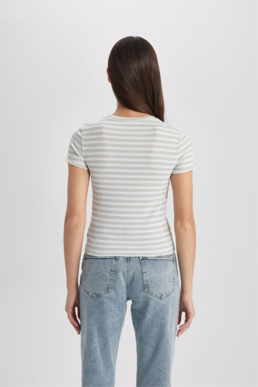Woman Mint Fitted Crew Neck Striped T-Shirt
