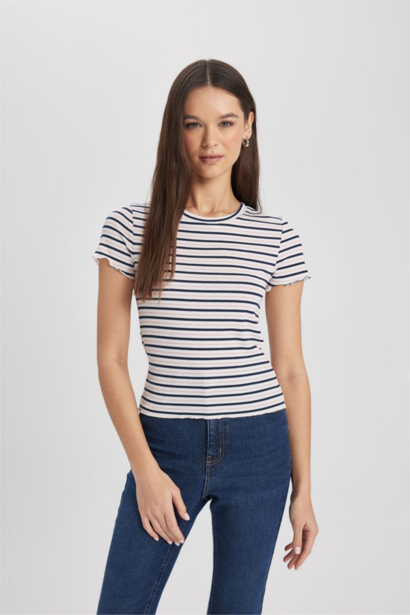 Woman NAVY Fitted Crew Neck Striped T-Shirt