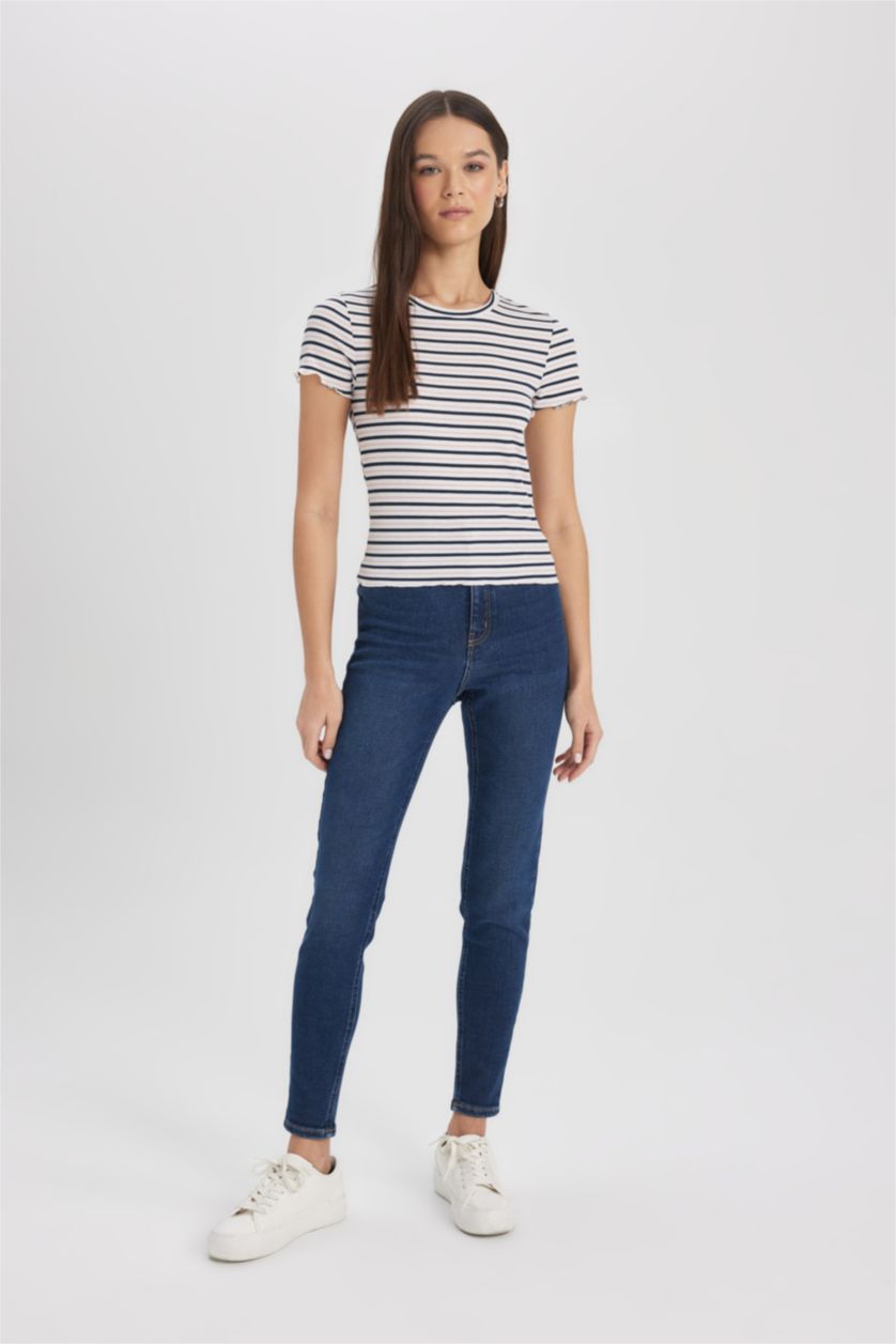 Woman NAVY Fitted Crew Neck Striped T-Shirt