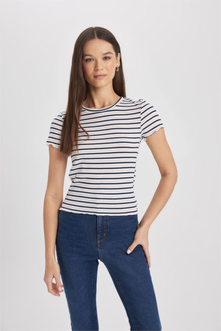Woman NAVY Fitted Crew Neck Striped T-Shirt