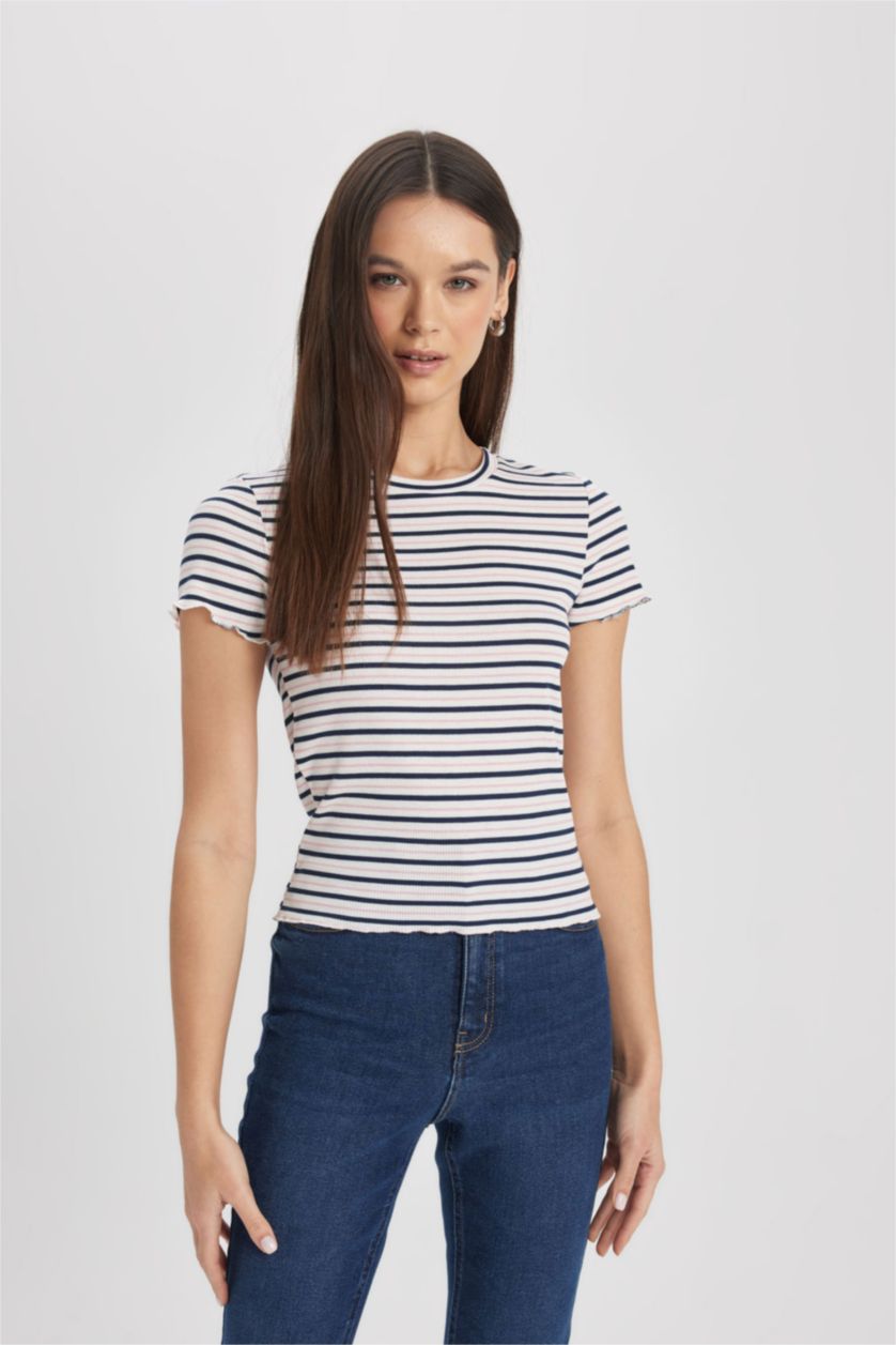 Woman NAVY Fitted Crew Neck Striped T-Shirt