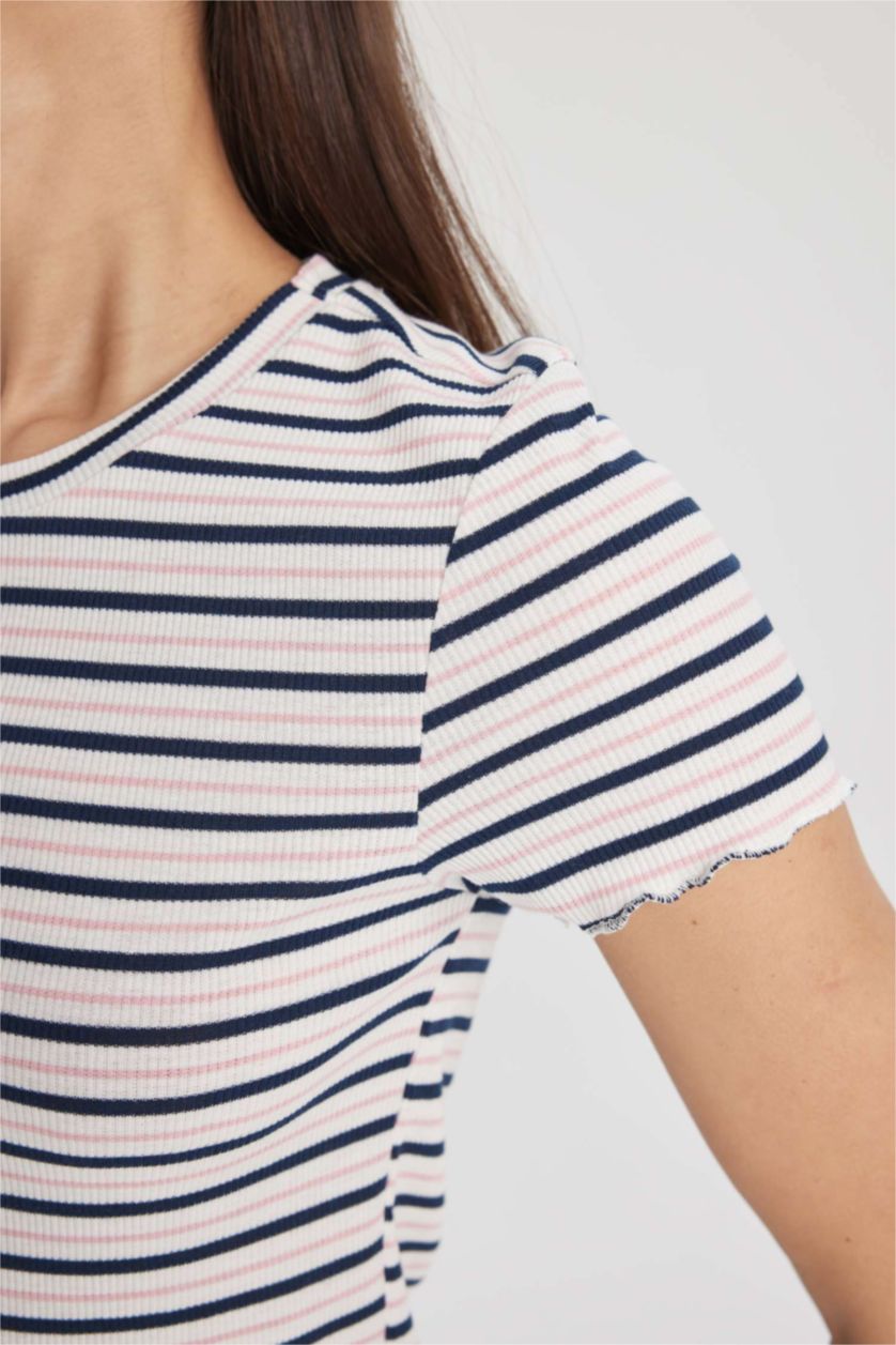 Woman NAVY Fitted Crew Neck Striped T-Shirt