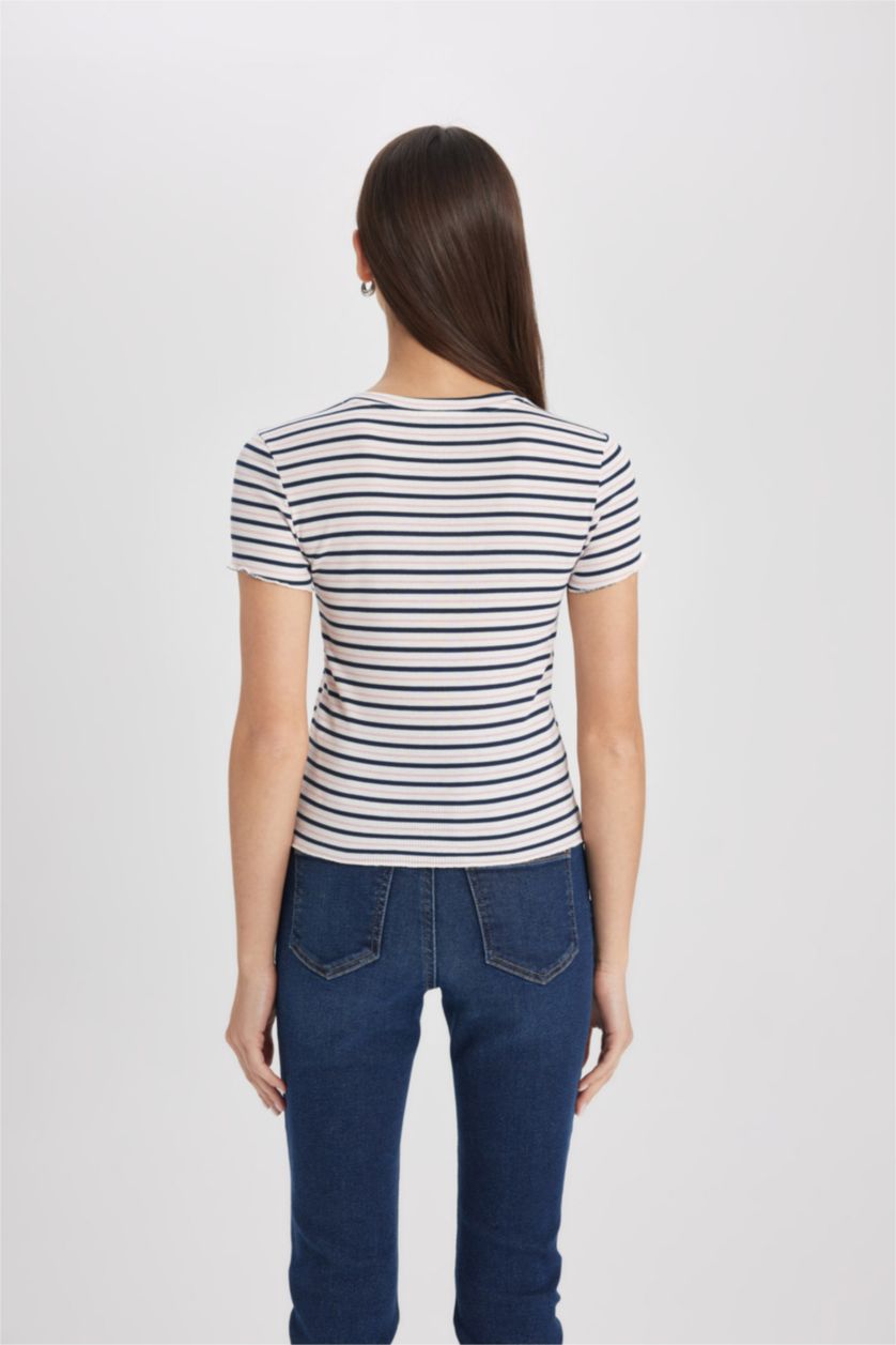 Woman NAVY Fitted Crew Neck Striped T-Shirt