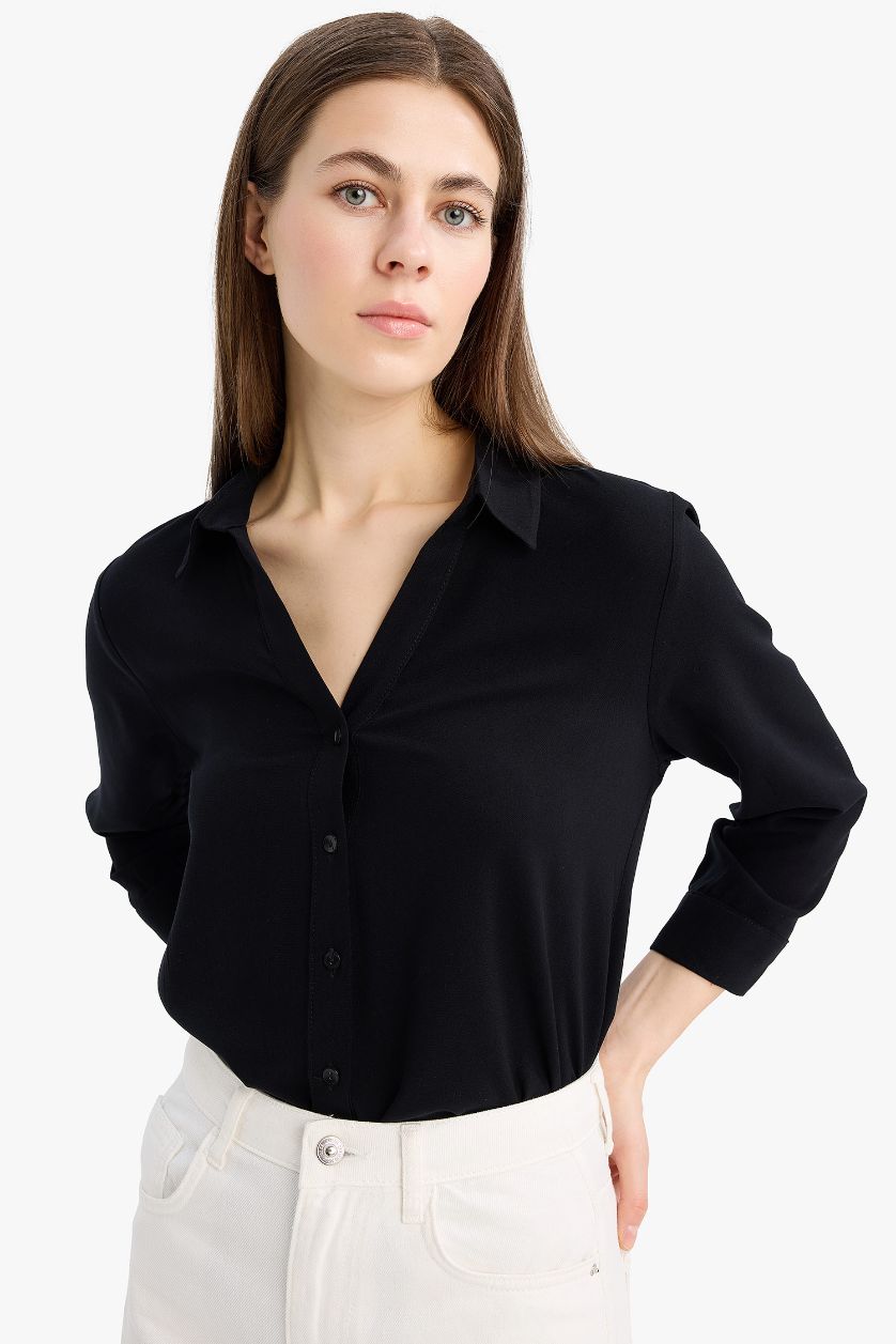 Kadın Siyah Regular Fit Basic Düz Uzun Kollu Siyah Gömlek