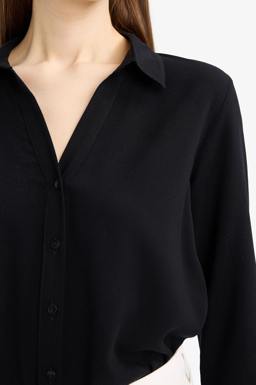 Kadın Siyah Regular Fit Basic Düz Uzun Kollu Siyah Gömlek