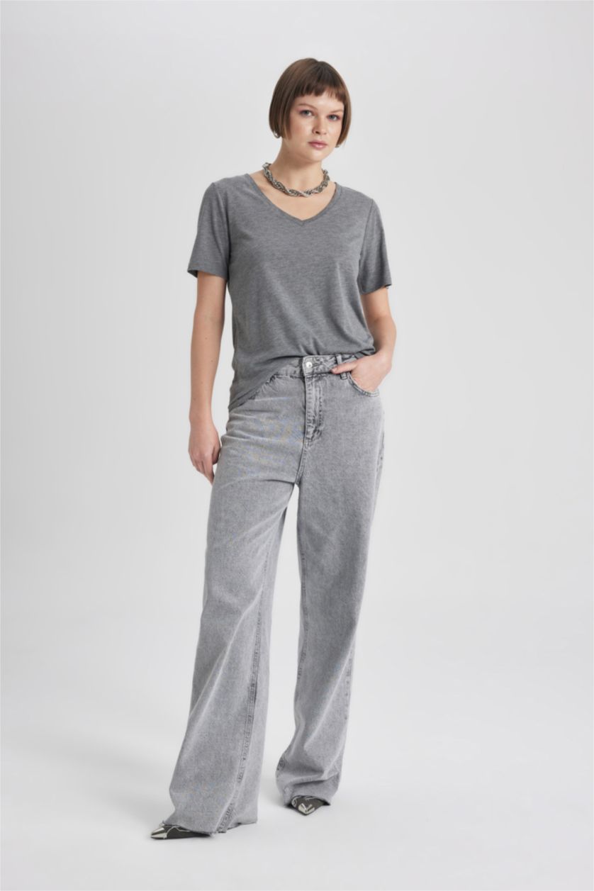 حريمي ميلانج أنثرا تيشيرت نص كم برقبة V قصة عادية