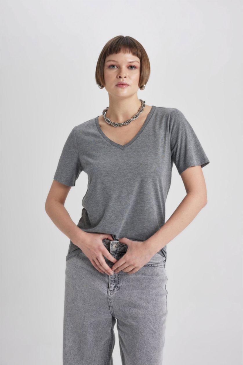 حريمي ميلانج أنثرا تيشيرت نص كم برقبة V قصة عادية