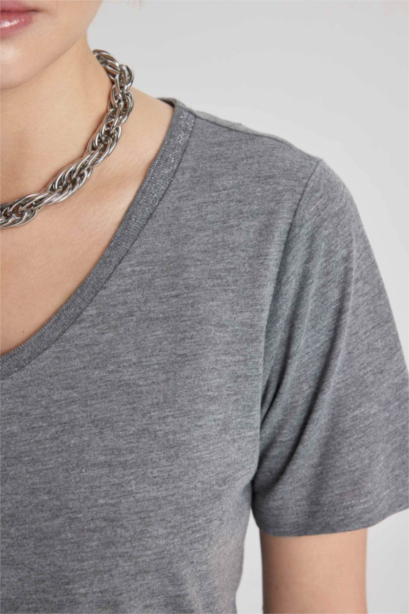 حريمي ميلانج أنثرا تيشيرت نص كم برقبة V قصة عادية