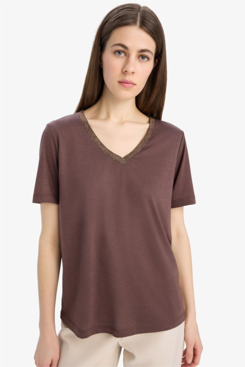 WOMAN Brown Regular Fit V-Neck Short Sleeve T-Shirt