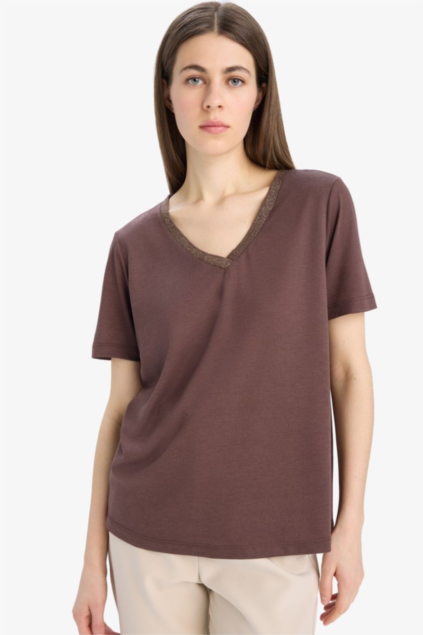 WOMAN Brown Regular Fit V-Neck Short Sleeve T-Shirt