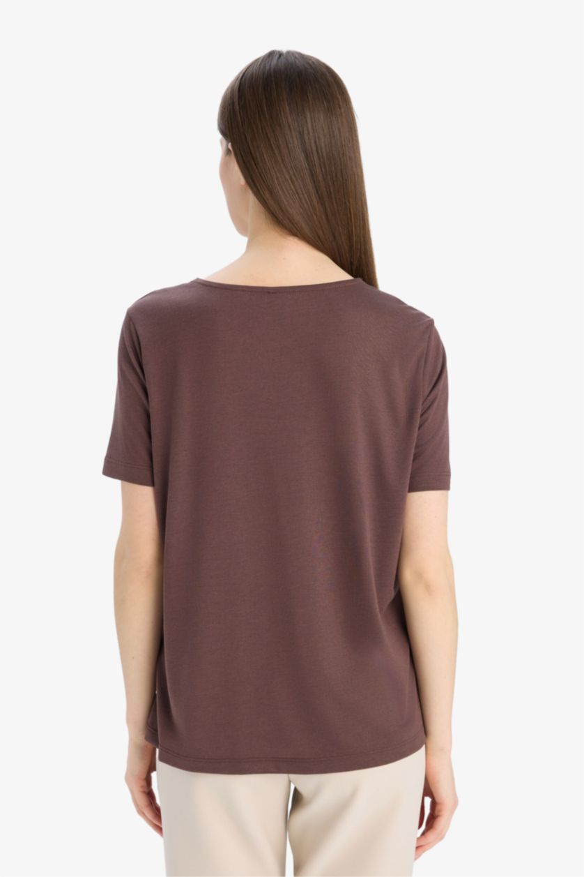WOMAN Brown Regular Fit V-Neck Short Sleeve T-Shirt