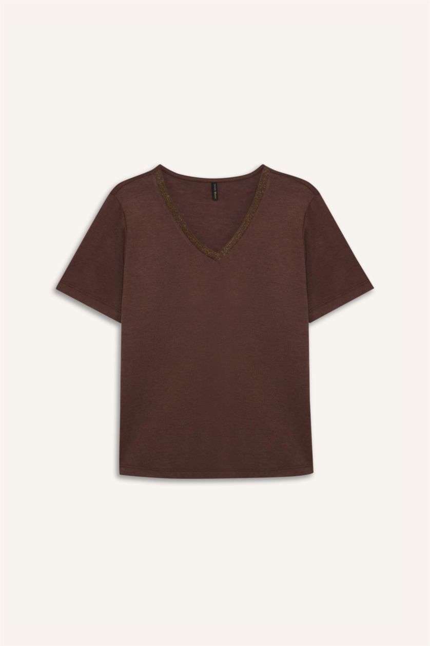 WOMAN Brown Regular Fit V-Neck Short Sleeve T-Shirt