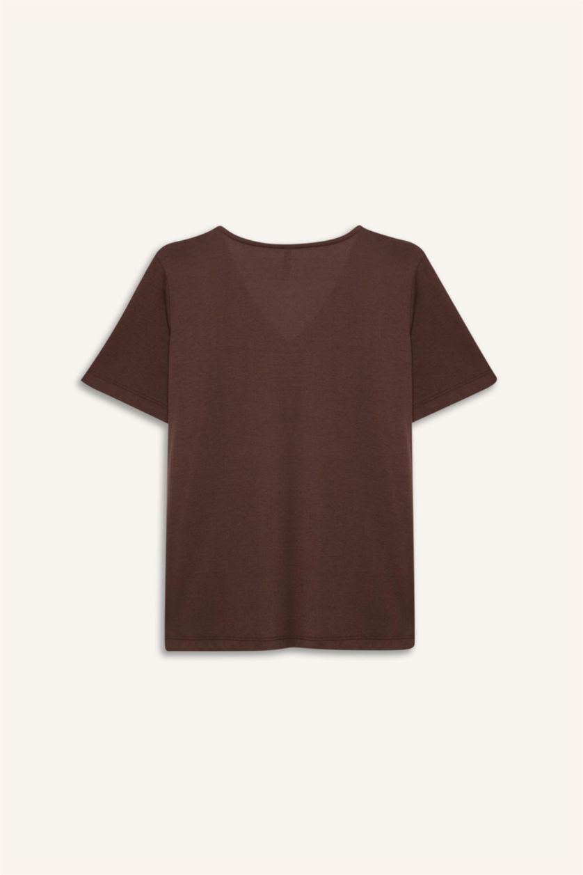 WOMAN Brown Regular Fit V-Neck Short Sleeve T-Shirt