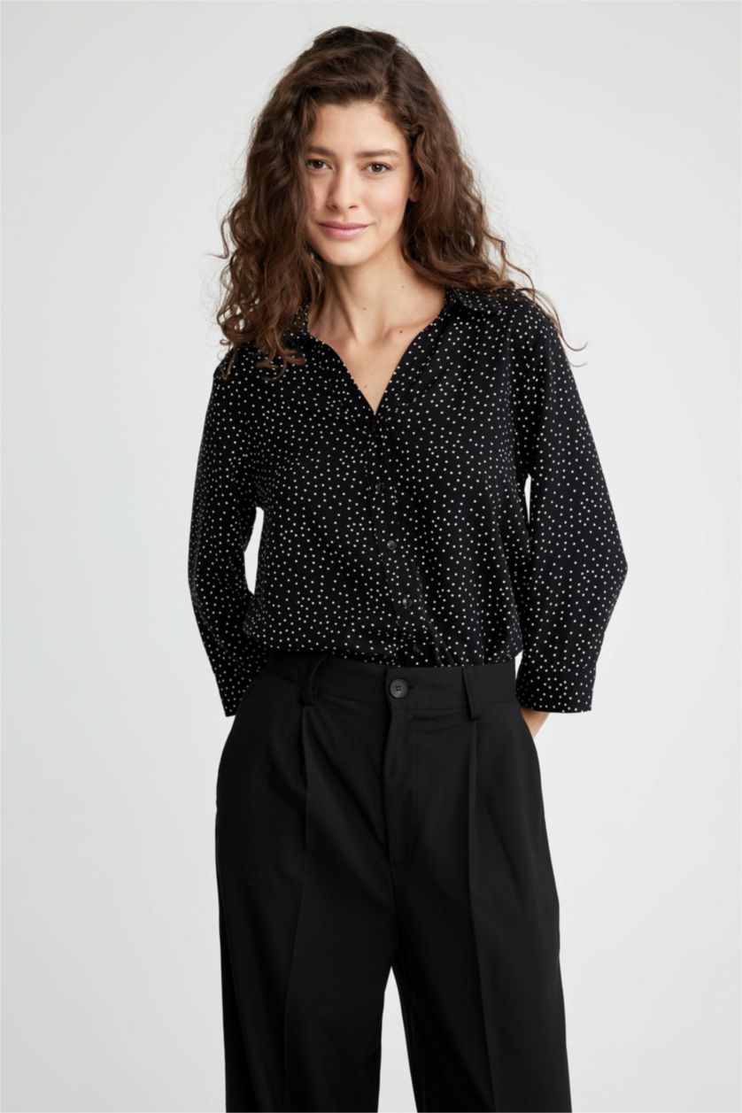 نساء أسود قميص كم طويل قصة عادية بياقة قميص