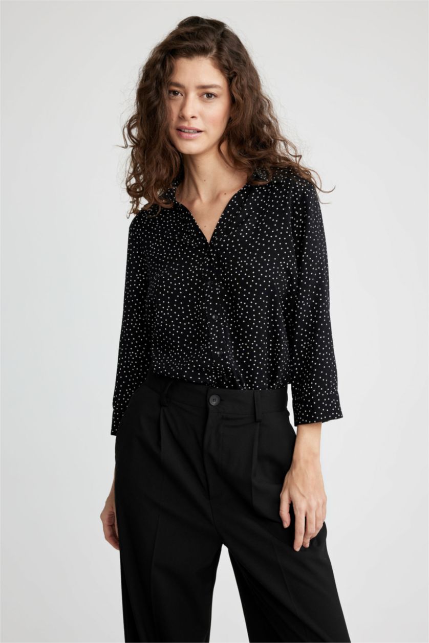 نساء أسود قميص كم طويل قصة عادية بياقة قميص