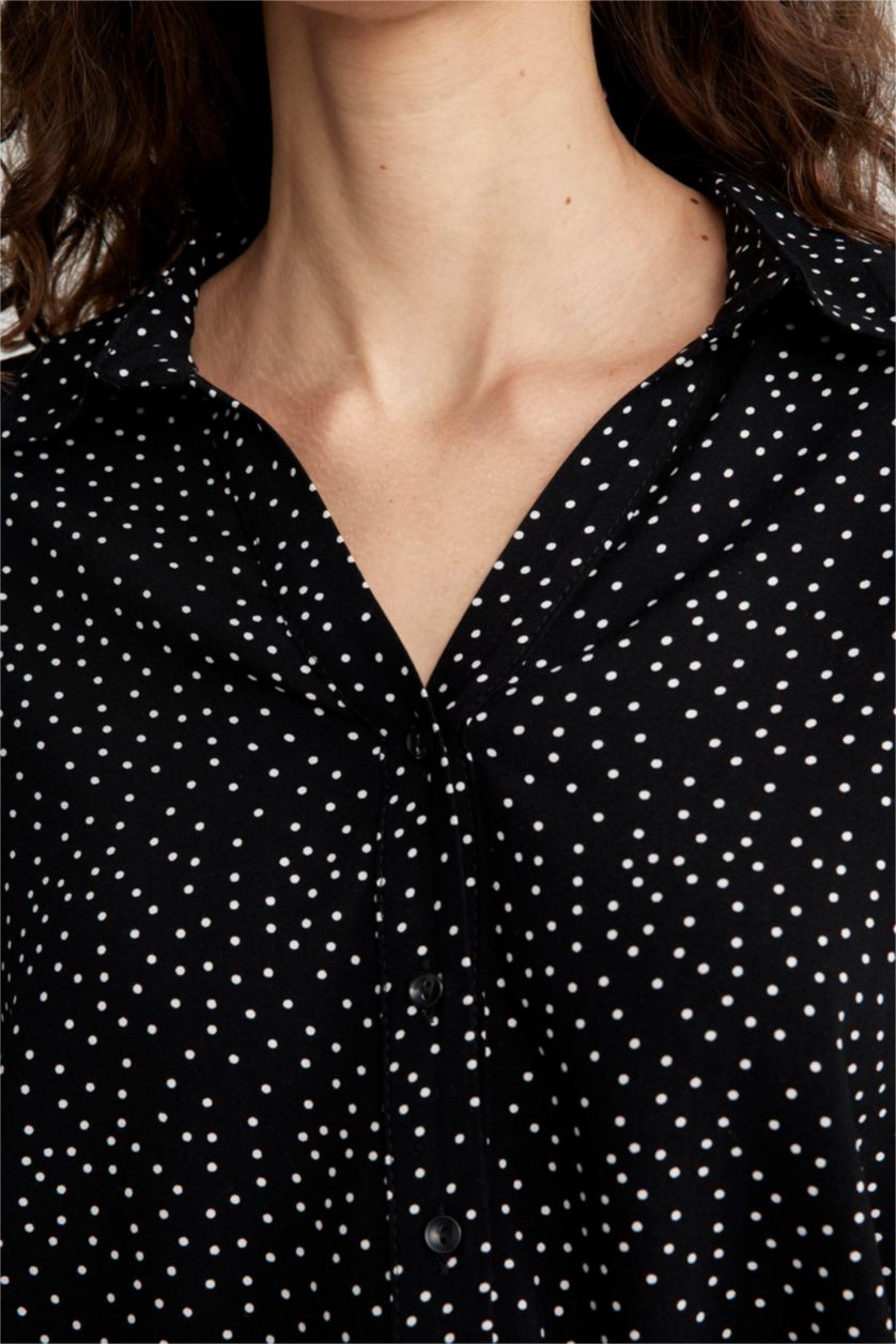 نساء أسود قميص كم طويل قصة عادية بياقة قميص