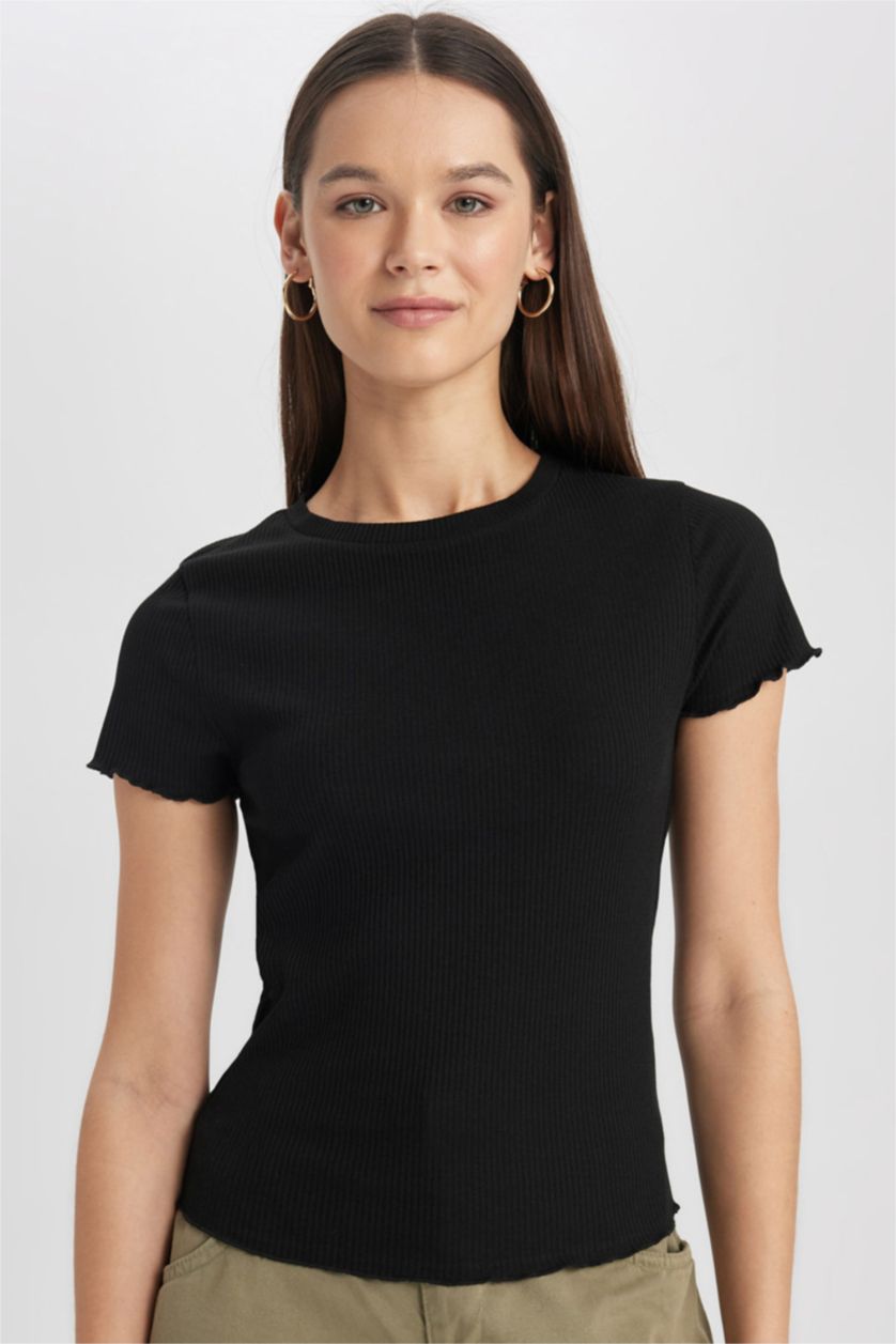 Женщины Черный Футболка с коротким рукавом приталенного кроя из камзола