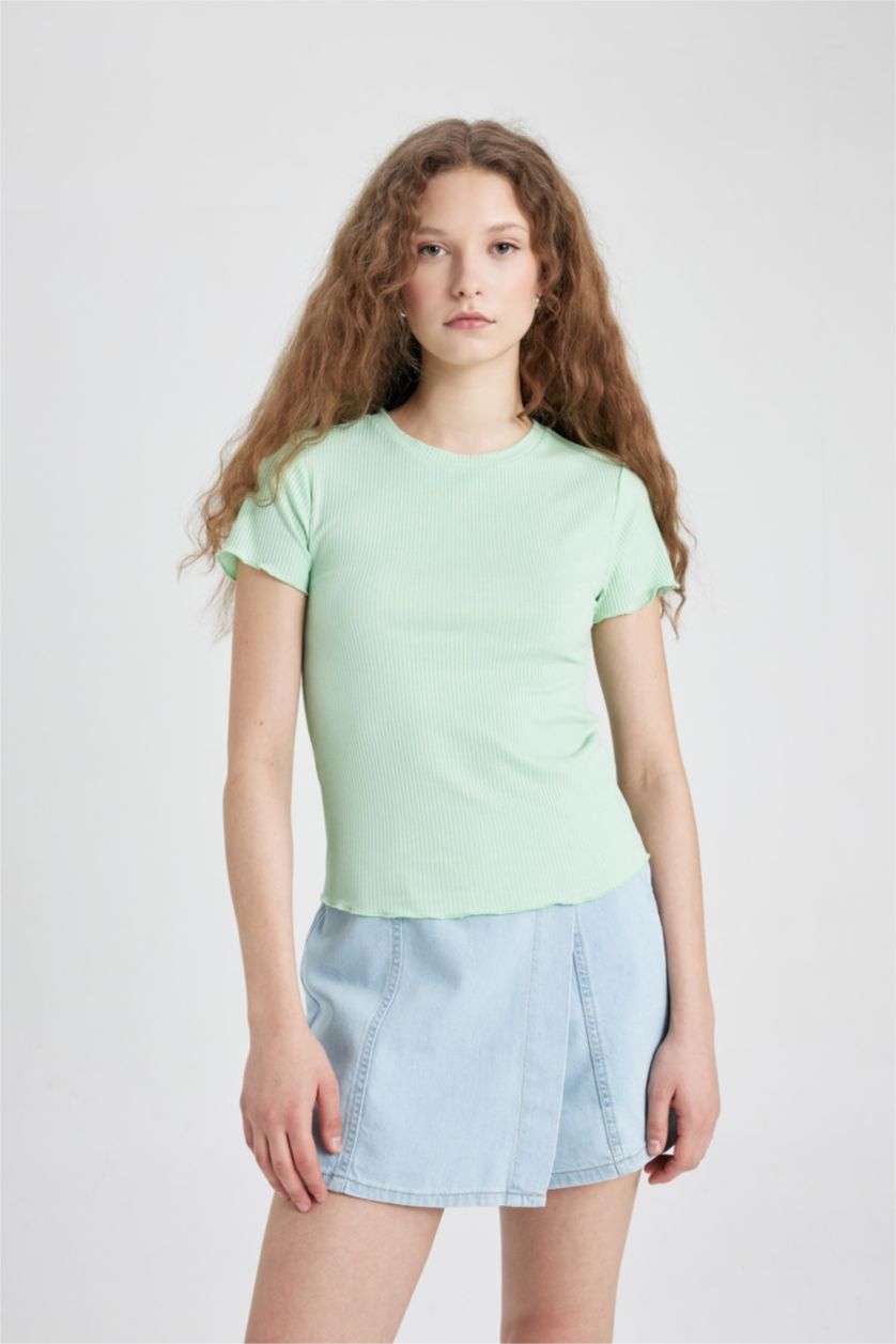 نساء أخضر فاتح تيشيرت نص كم سليم فيت برقبة مستديرة