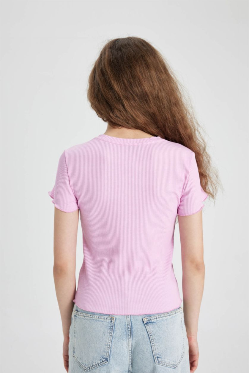 نساء زهري تيشيرت نص كم سليم فيت برقبة مستديرة