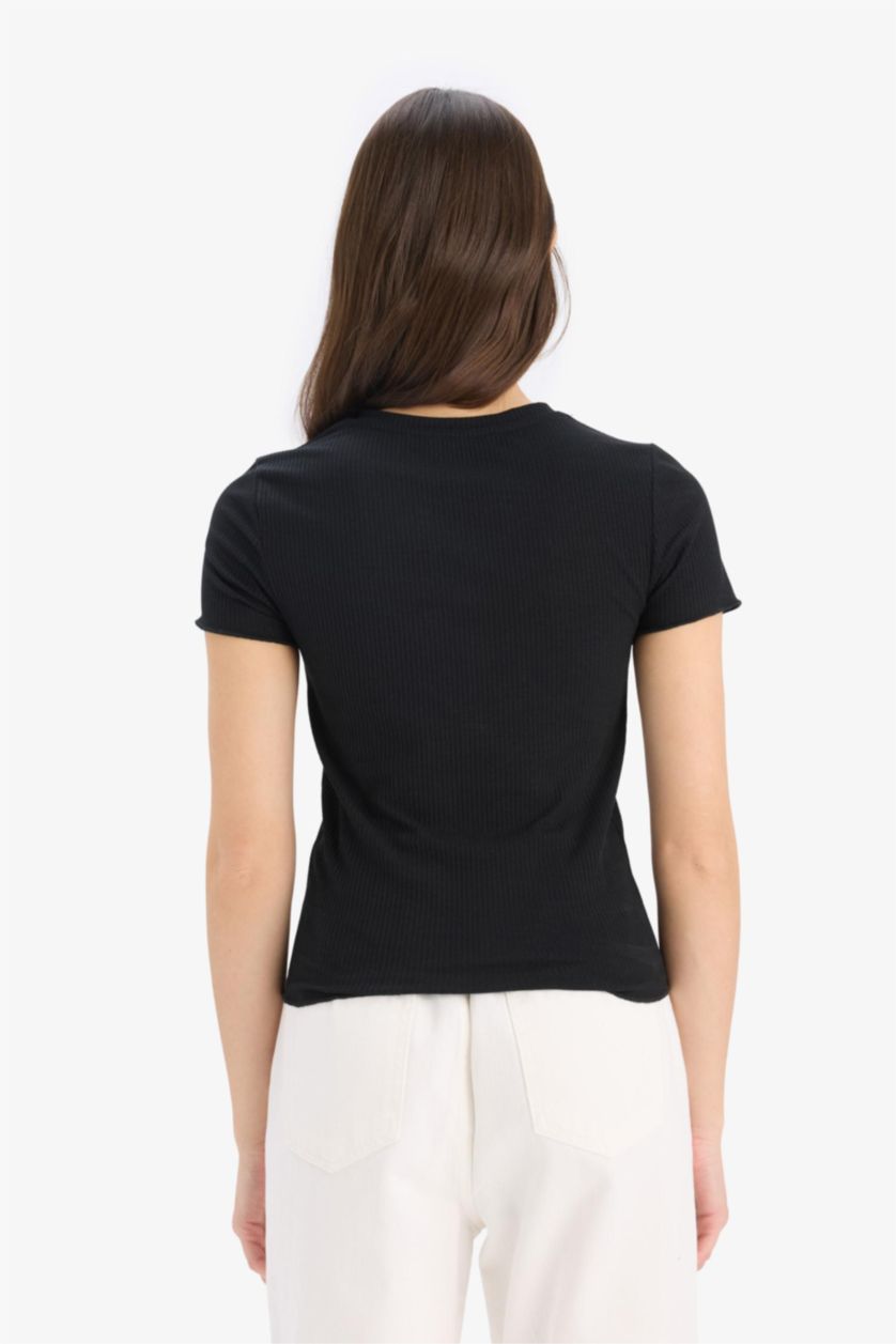 حريمي أسود Slim Fit Camisole Short Sleeve T-Shirt
