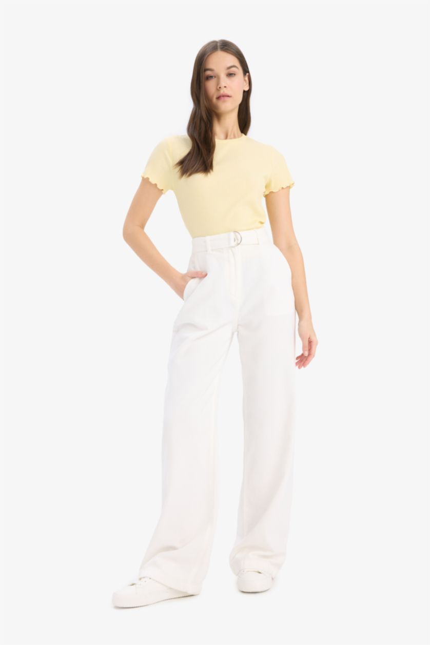 نساء أصفر فاتح تيشيرت نص كم برقبة مستديرة