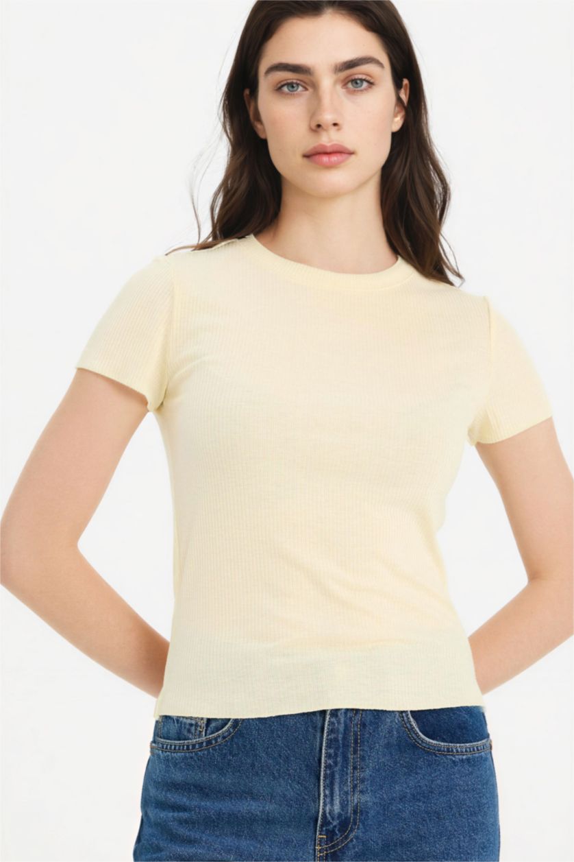 Женщины Песочный Футболка кашкорсе Fitted в рубчик с круглым вырезом и коротким рукавом