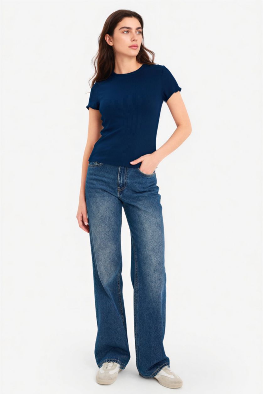 Женщины Синий Футболка кашкорсе Fitted в рубчик с круглым вырезом и коротким рукавом