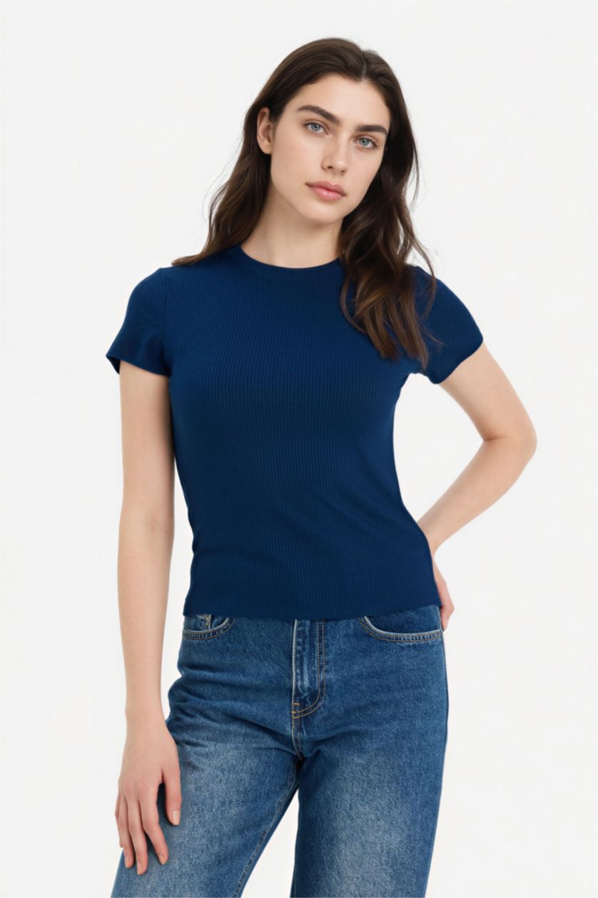 Женщины Синий Футболка кашкорсе Fitted в рубчик с круглым вырезом и коротким рукавом