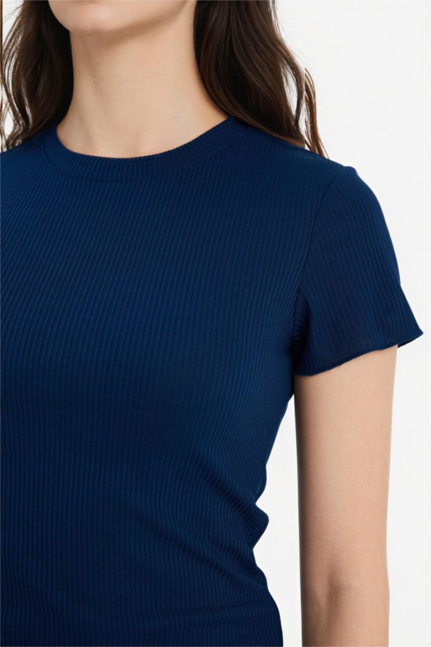 Женщины Синий Футболка кашкорсе Fitted в рубчик с круглым вырезом и коротким рукавом