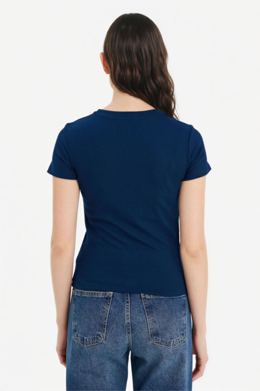 Женщины Синий Футболка кашкорсе Fitted в рубчик с круглым вырезом и коротким рукавом