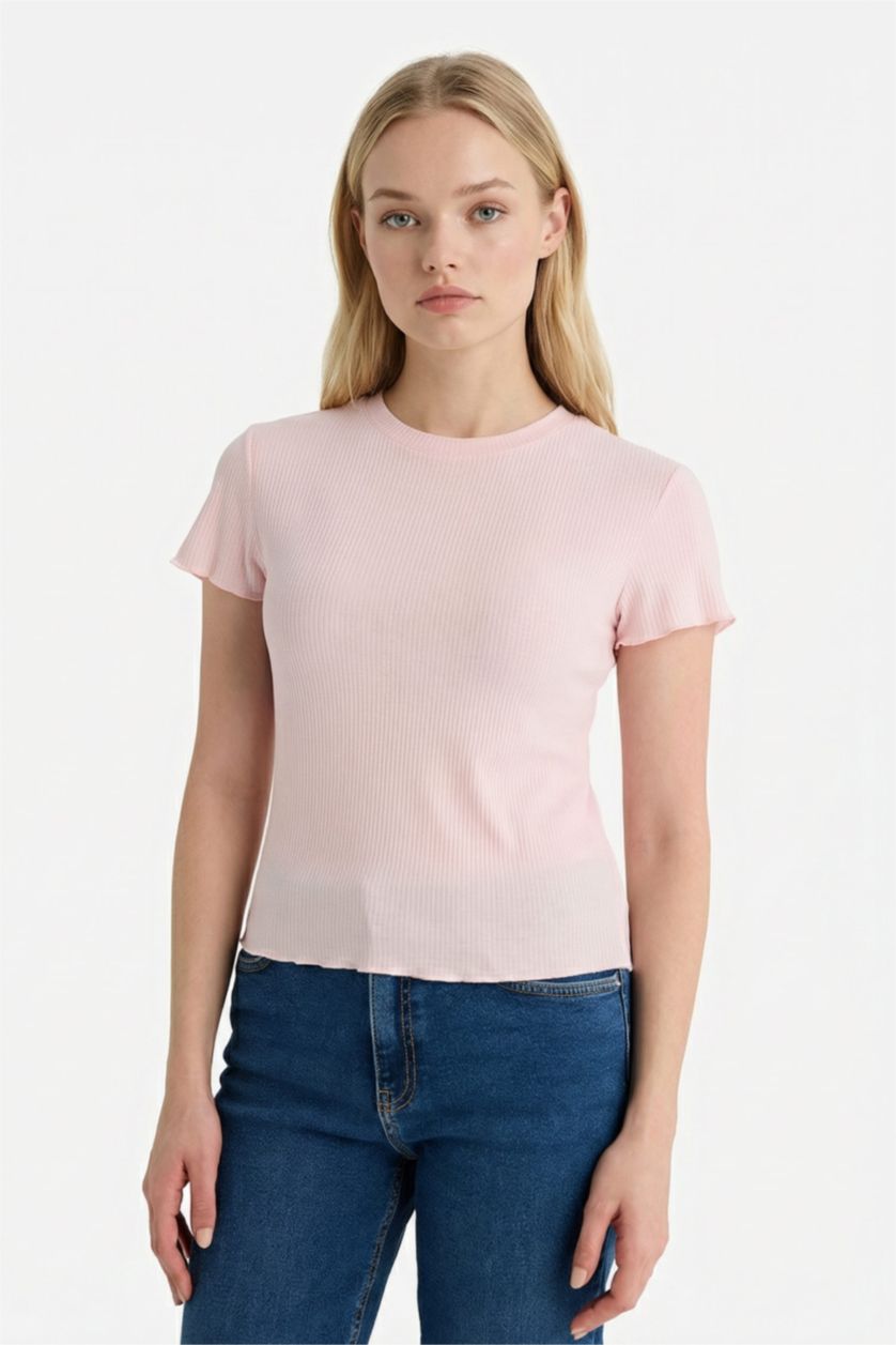 Woman Light Pink تيشيرت نص ردن مخصر مضلع