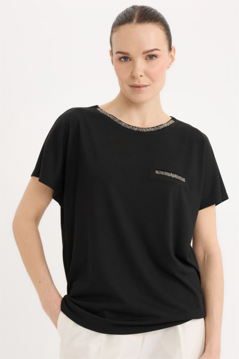 WOMAN Black Crew Neck Printed Black Short Sleeve T-Shirt