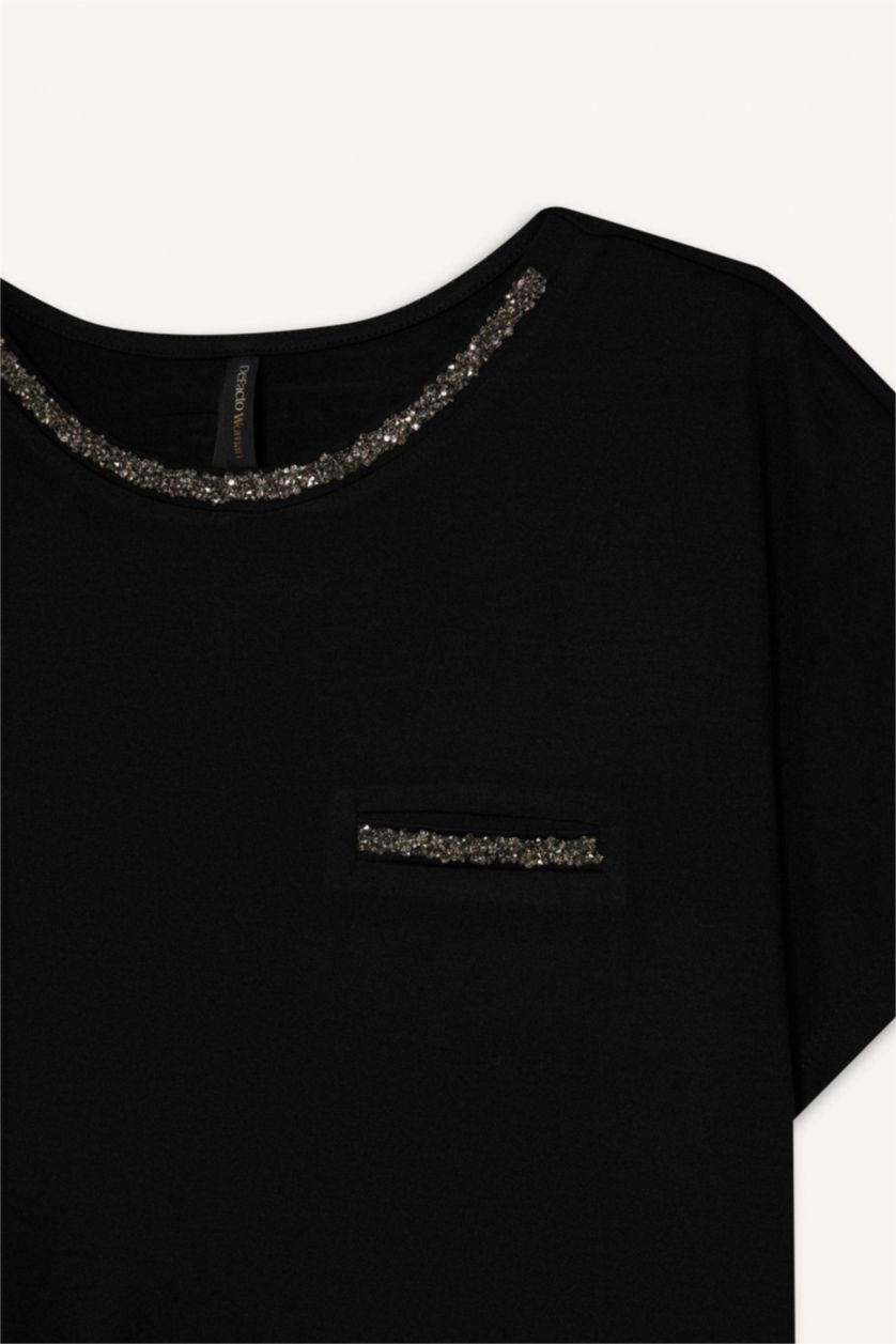 WOMAN Black Crew Neck Printed Black Short Sleeve T-Shirt