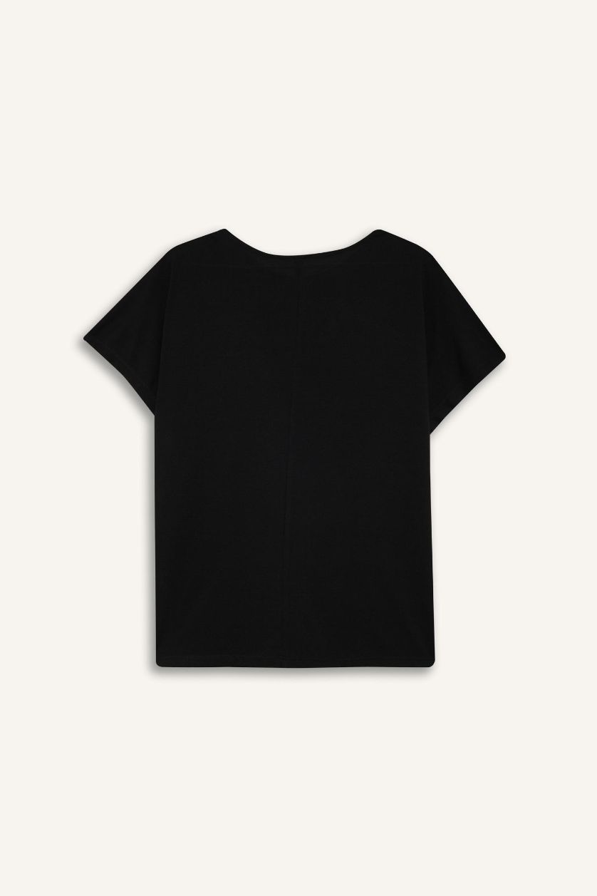 WOMAN Black Crew Neck Printed Black Short Sleeve T-Shirt