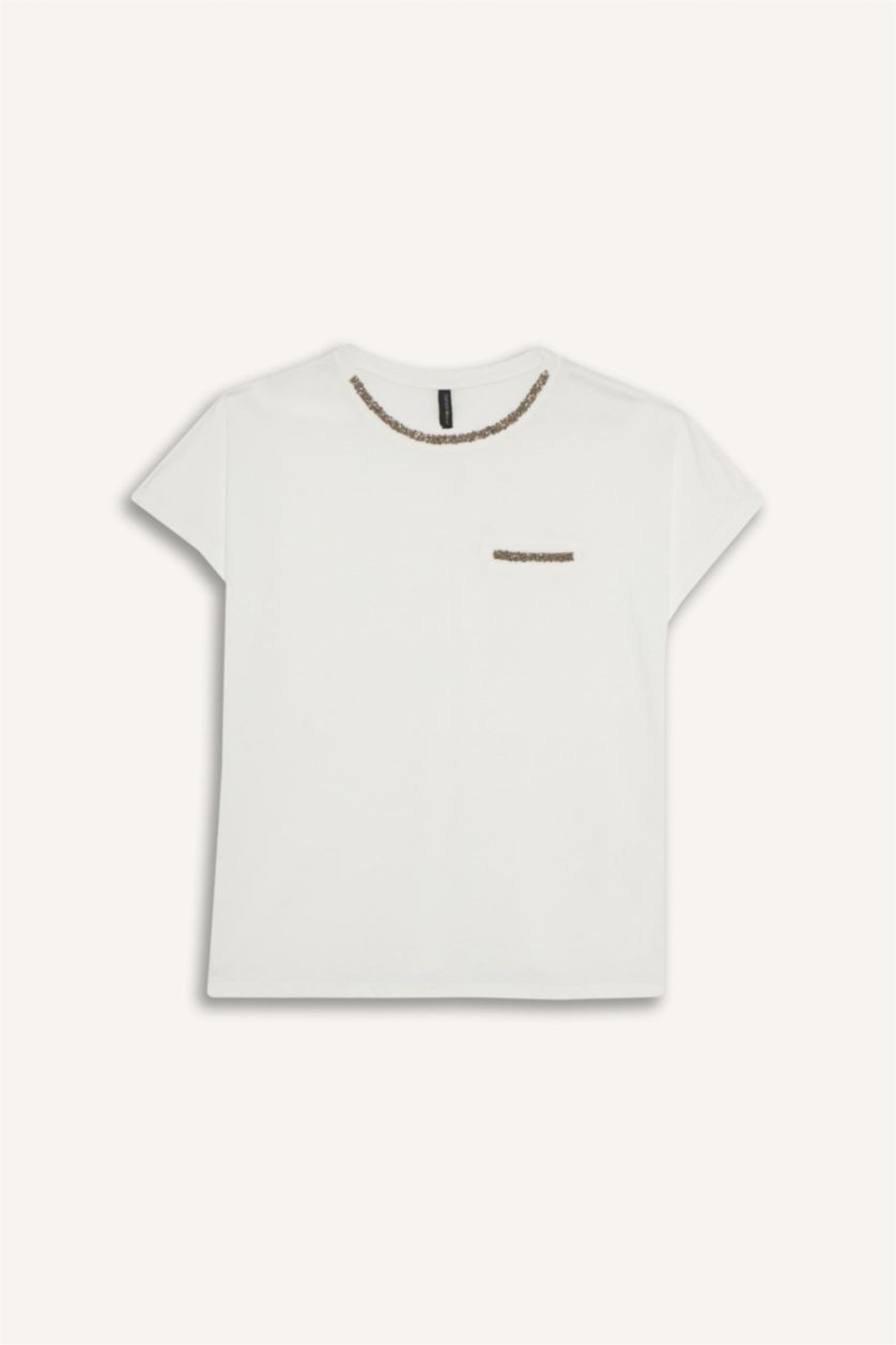 Kadın Ekru 	Bisiklet Yaka Baskılı Kısa Kollu Tişört