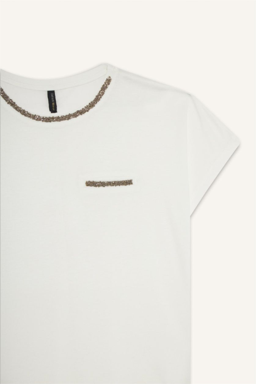 Kadın Ekru 	Bisiklet Yaka Baskılı Kısa Kollu Tişört