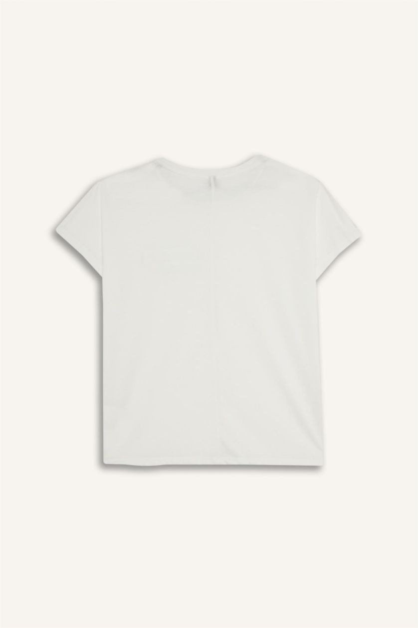 Kadın Ekru 	Bisiklet Yaka Baskılı Kısa Kollu Tişört