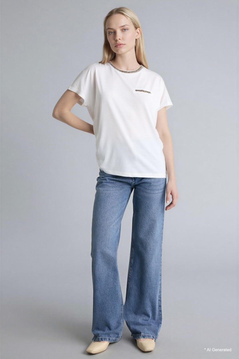 WOMAN Ecru Crew Neck Short Sleeve T-Shirt