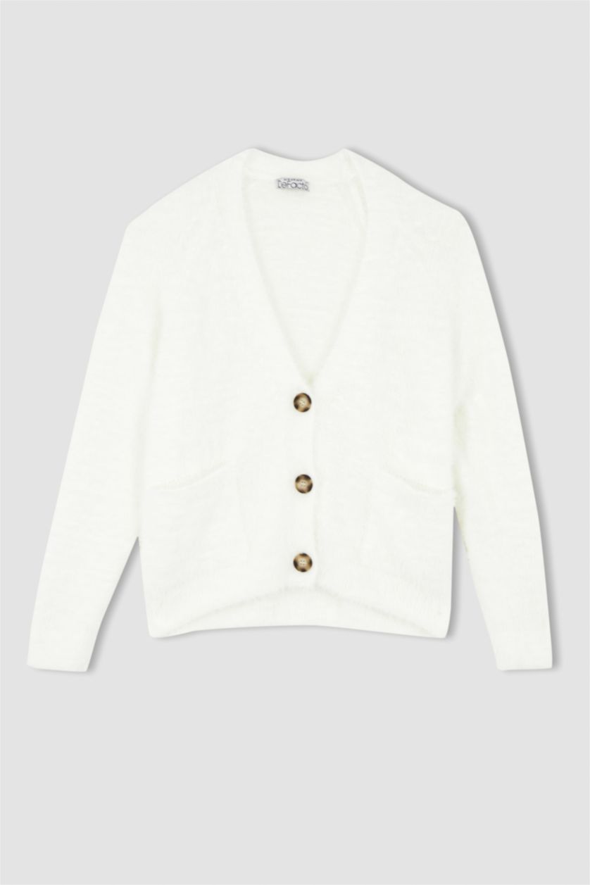 نساء بيج فاتح جاكيت قطيفة اوفر سايز بياقة V