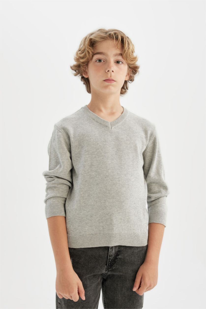 BOYS & TEENS Grey Melange Boy Regular Fit V-Neck Pullover