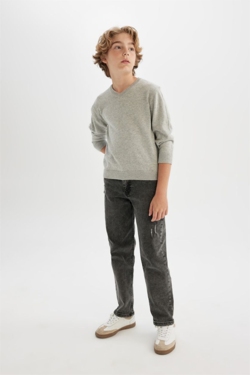 BOYS & TEENS Grey Melange Boy Regular Fit V-Neck Pullover