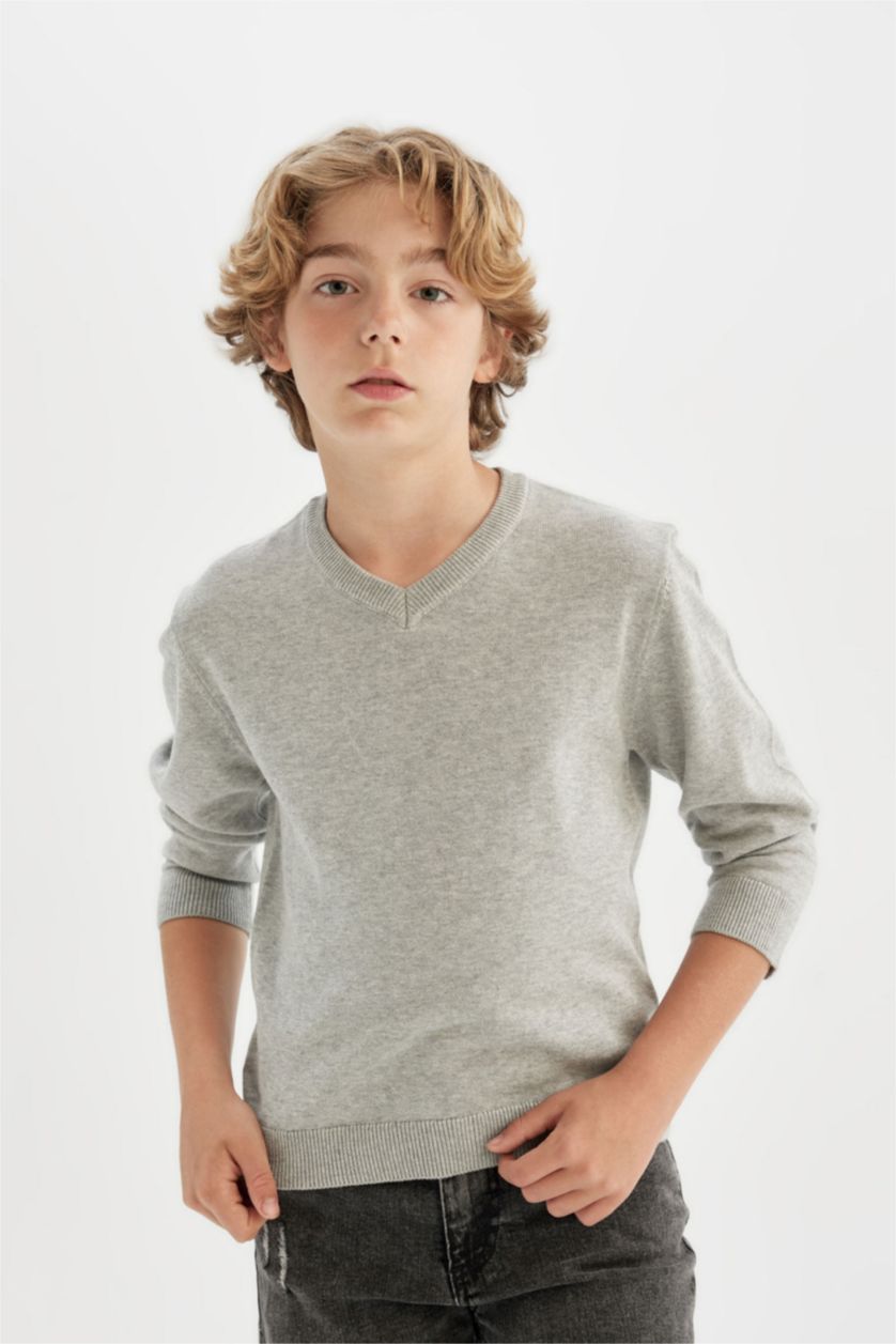 BOYS & TEENS Grey Melange Boy Regular Fit V-Neck Pullover